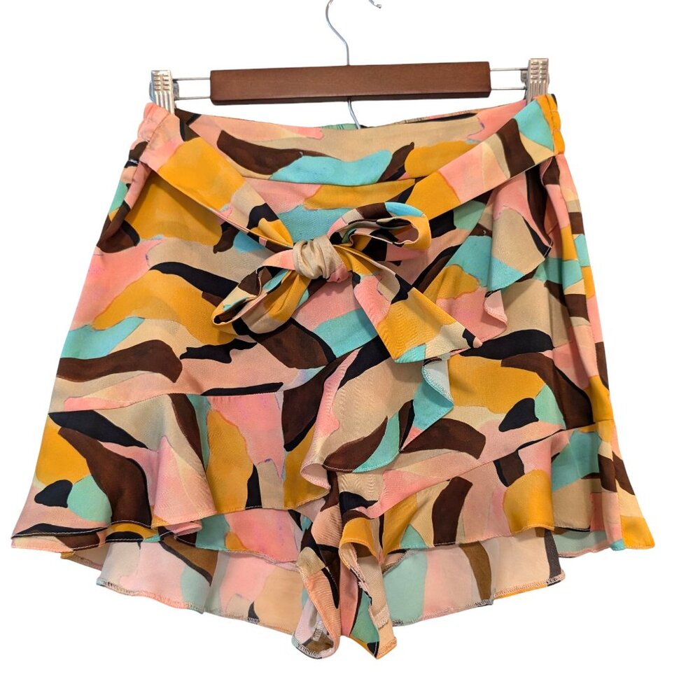 River Island Womens Size US 8 Colorful Abstract Waist Tie Flutter Hem Shorts